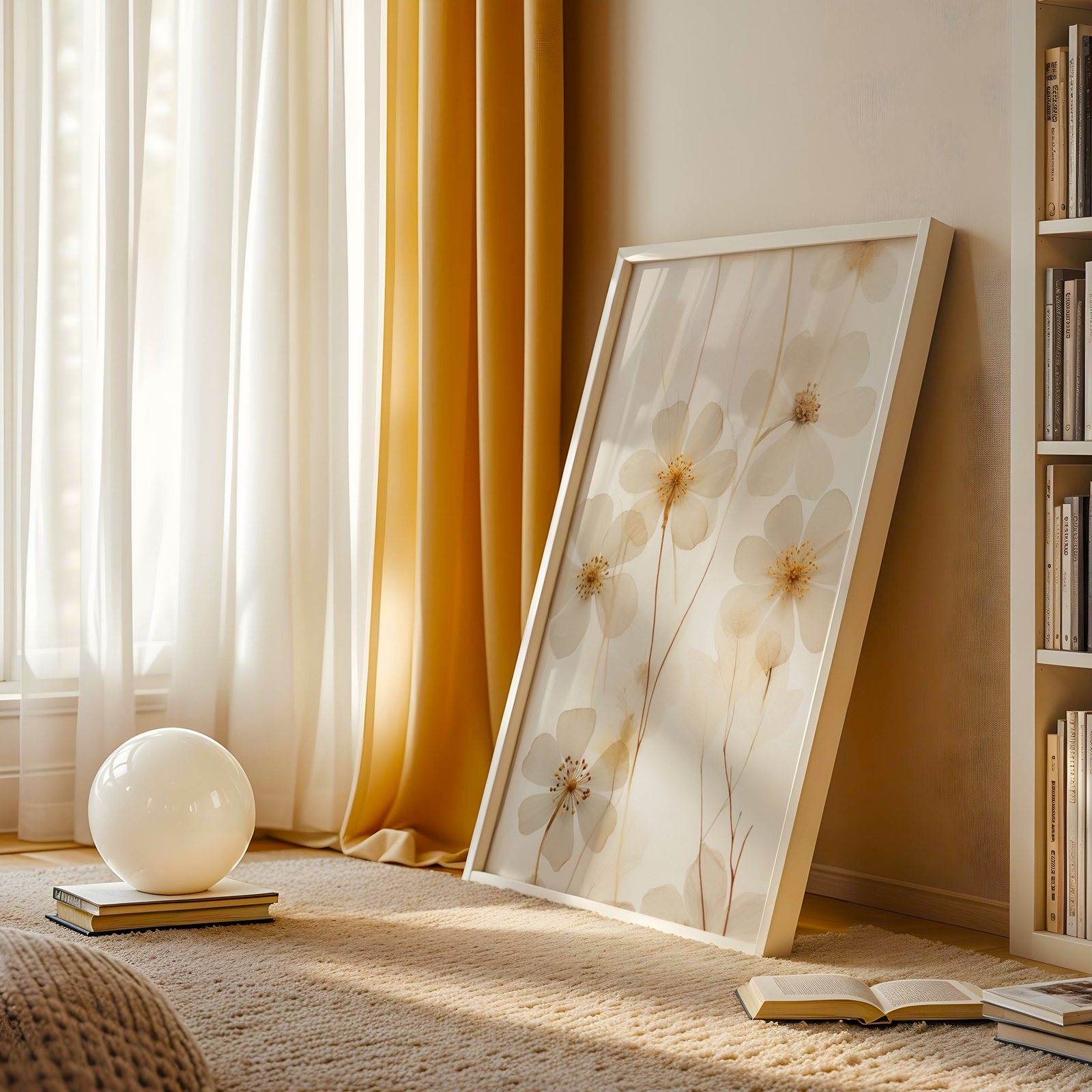 Room interior with a framed floral picture, books, and a lamp on a rug.