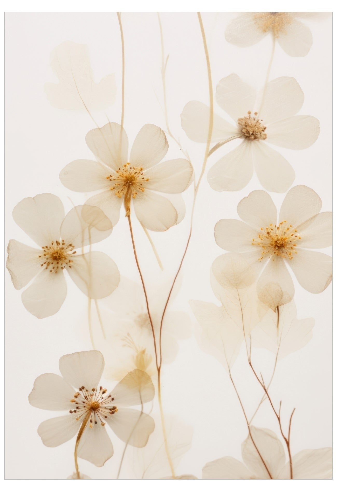White flowers with beige centers on a light background