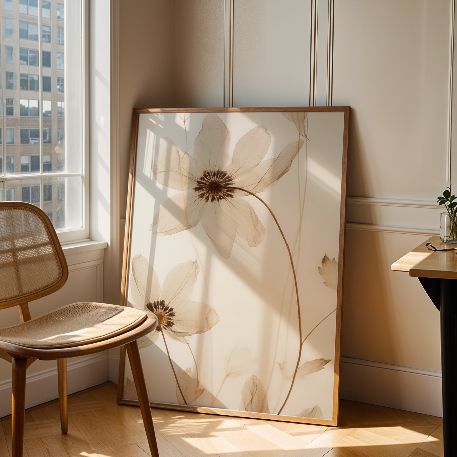 Framed floral artwork leaning against a wall next to a chair and table.
