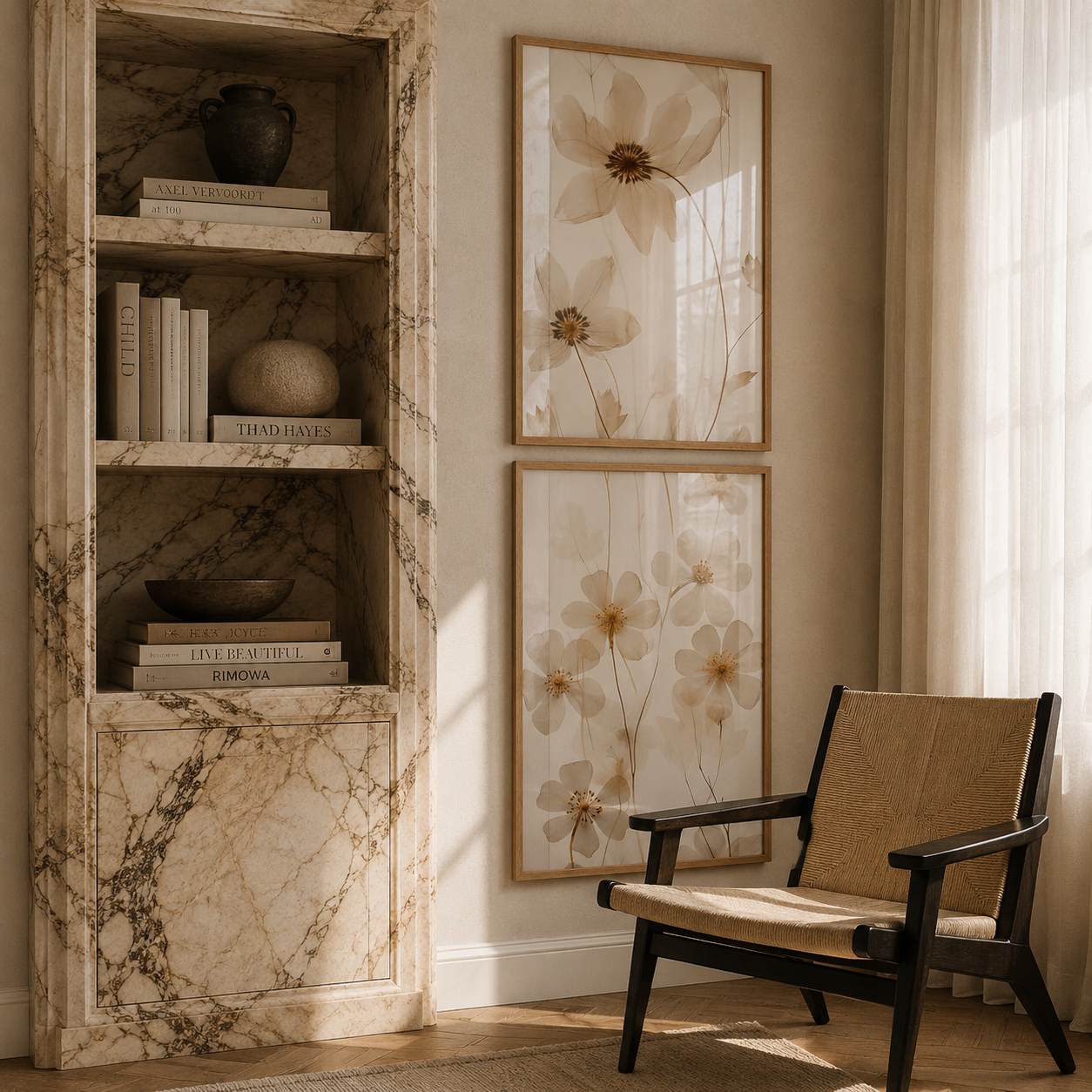 Decorative interior with marble bookshelf, armchair, and floral artwork.