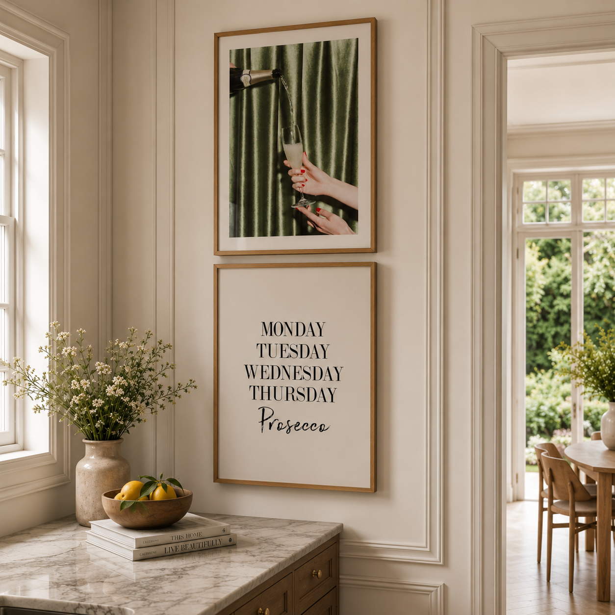 Decorative kitchen wall art in a stylish room with a window and table in the background