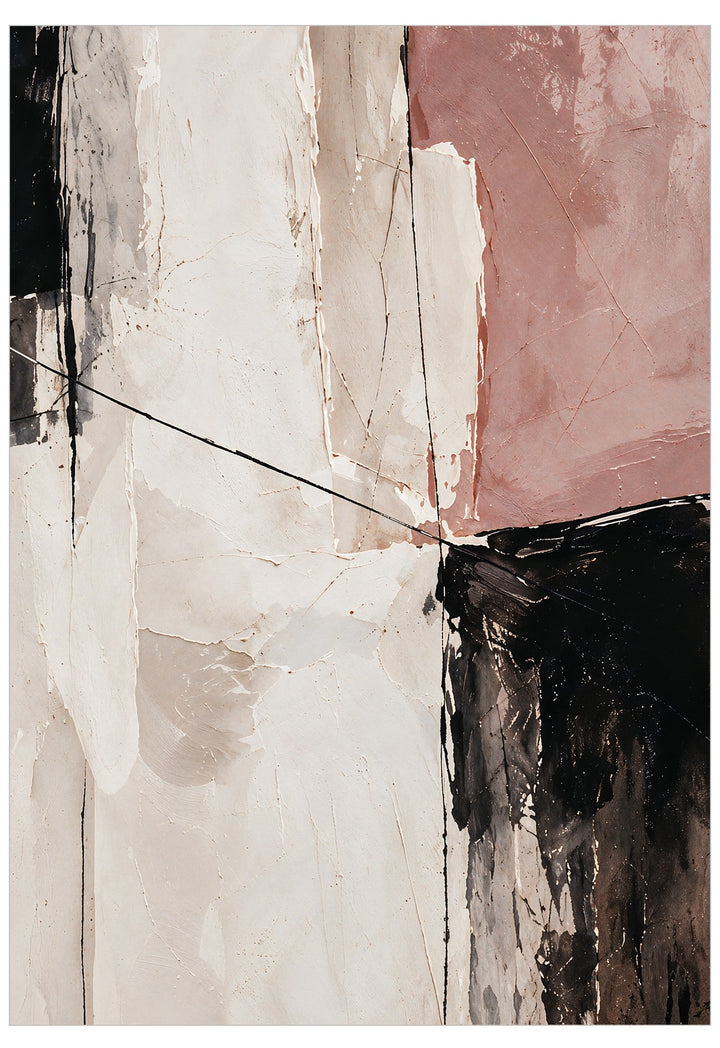 Quiet Harmony abstract art poster featuring textured layers of warm ivory, blush pink and black with expressive brushwork and fine linear details.