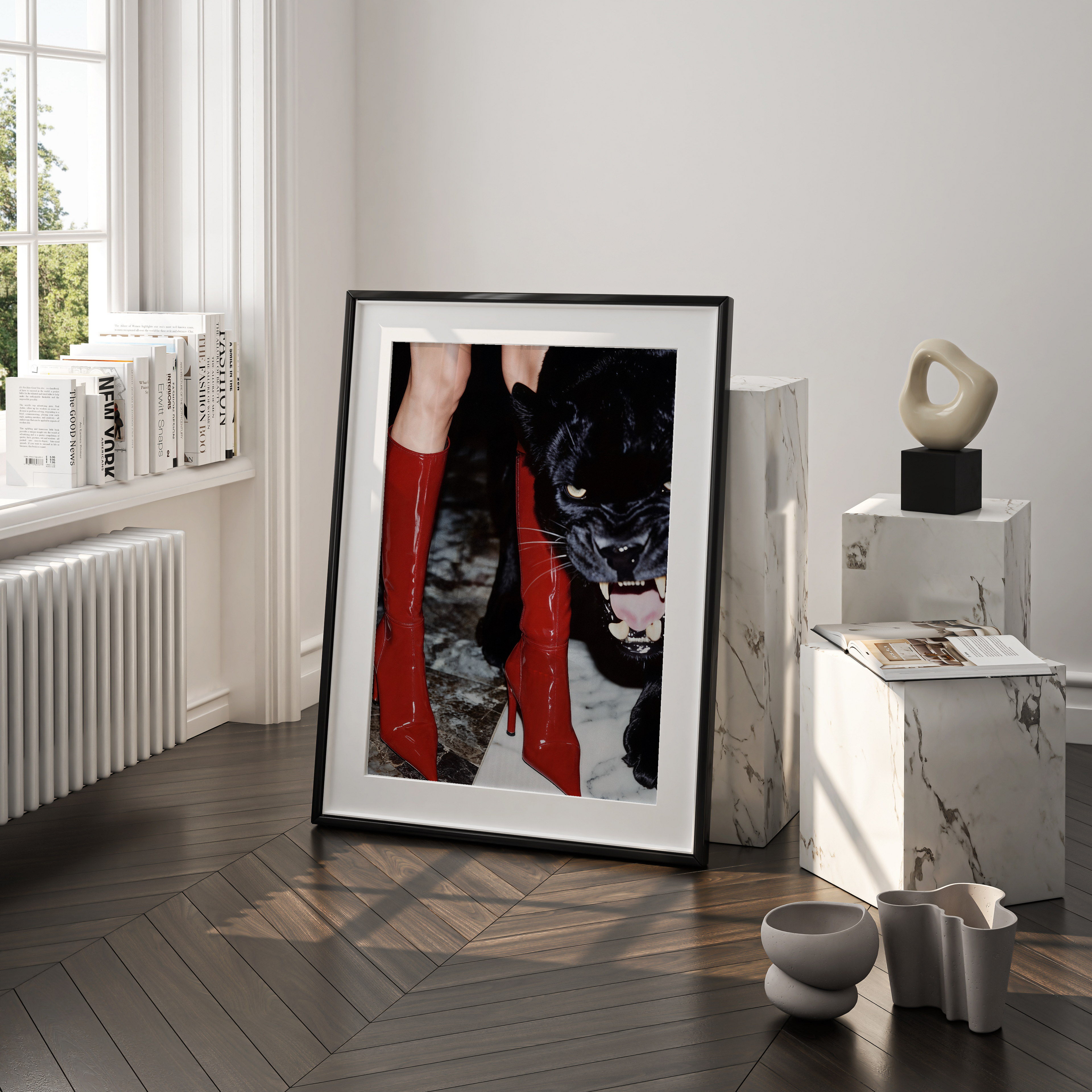 Framed artwork of a person in red boots with a black panther in a modern room.