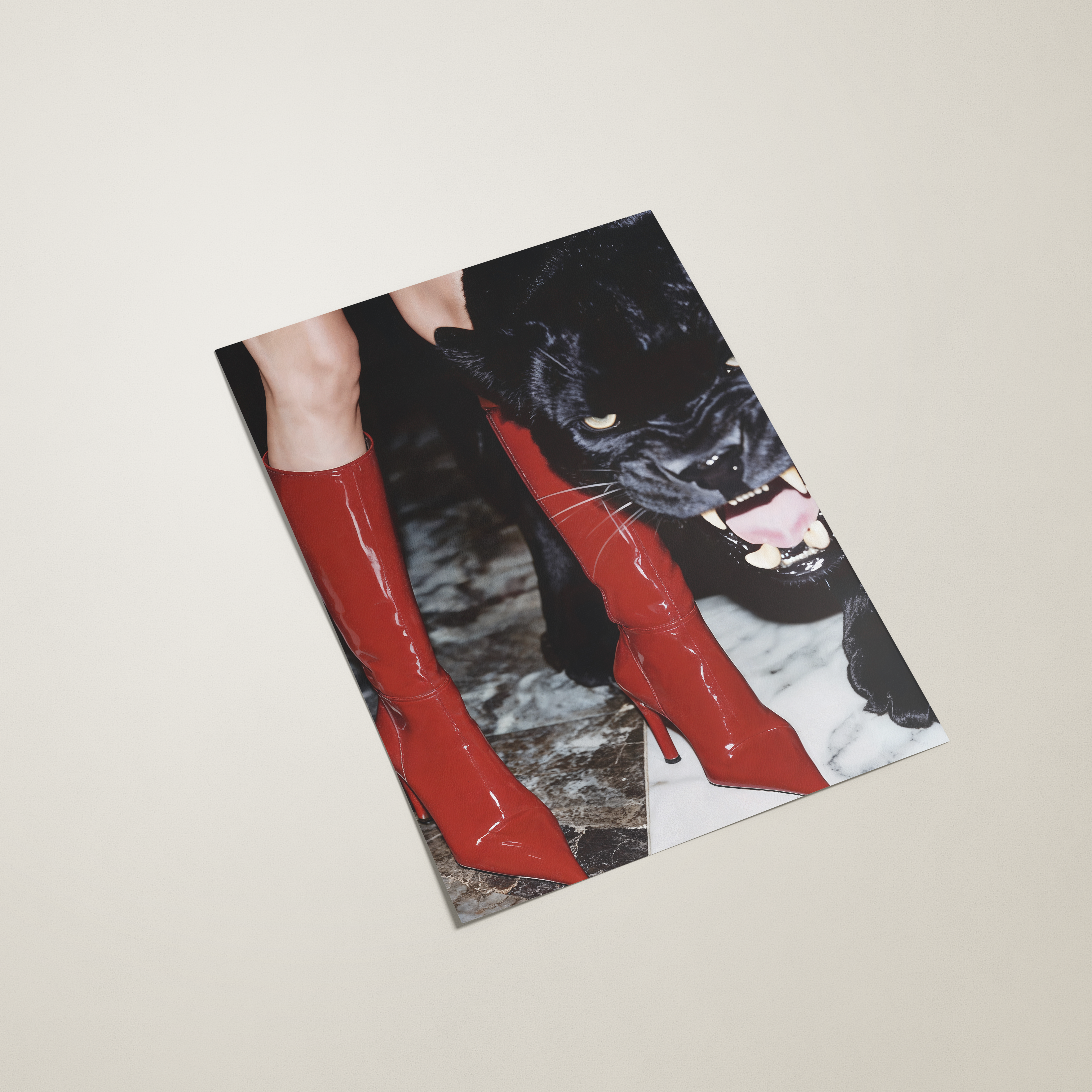 poster with a black panther and red boots on a beige background