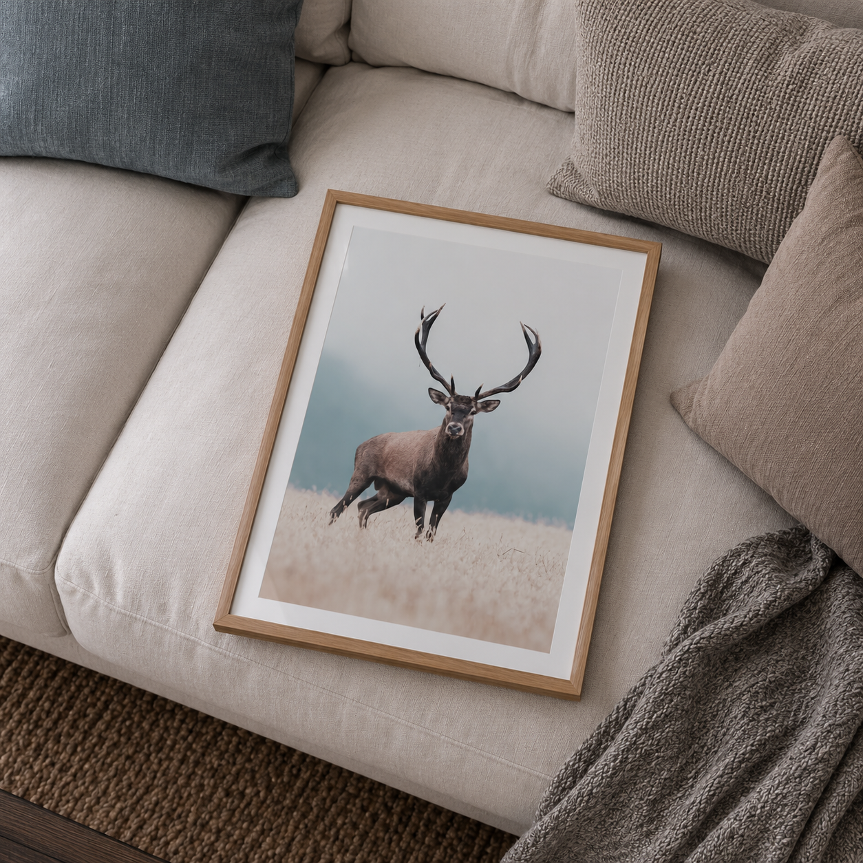 Red Deer poster in oak frame