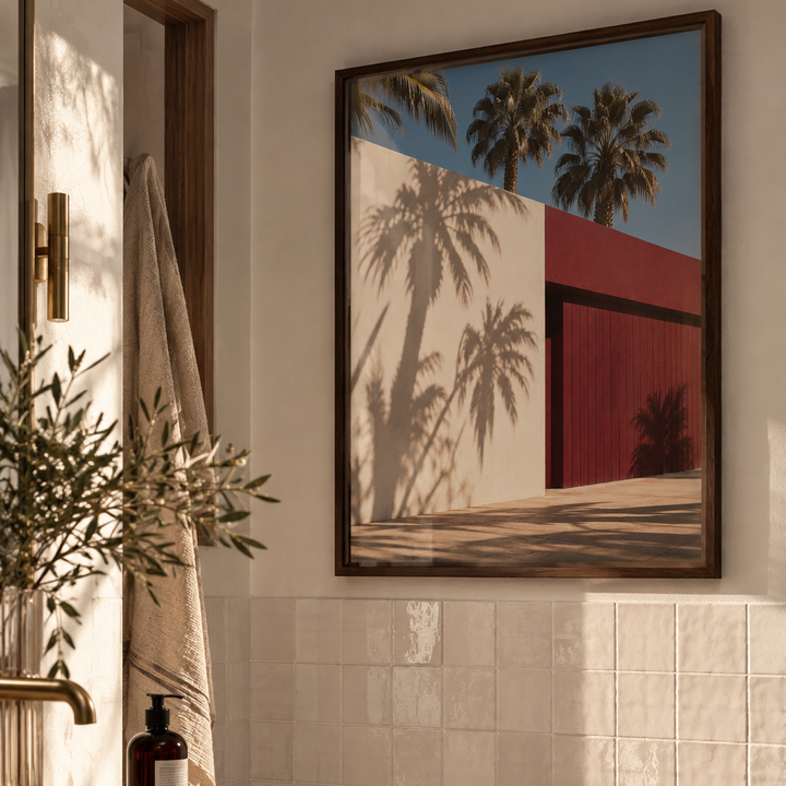 red house poster in dark wood frame in luxury scandi bathroom