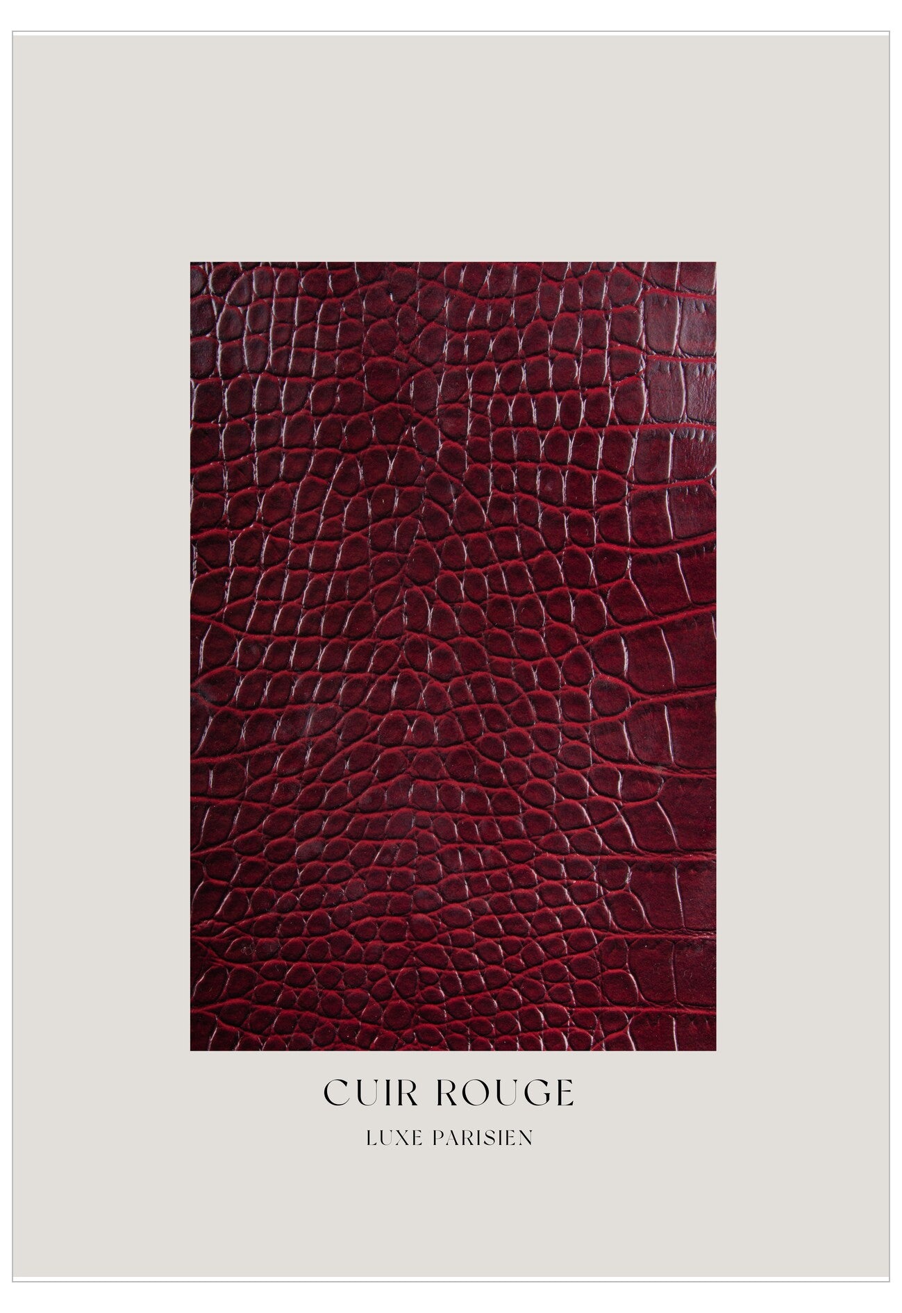 Red leather texture with 'Cuir Rouge' and 'Luxe Parisien' text on a light gray background