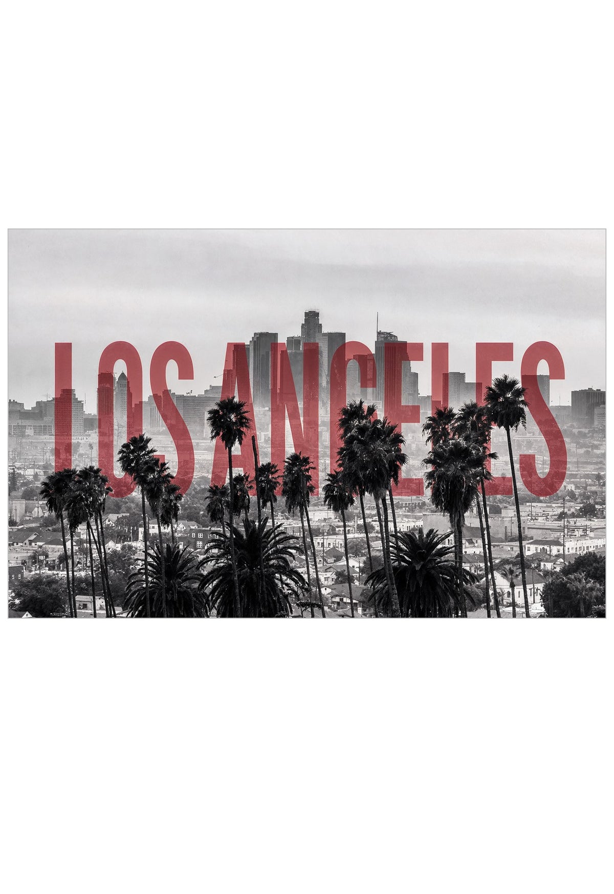 Los Angeles cityscape wall art featuring a black and white skyline with tall palm trees and large red 'LOS ANGELES' text across the center, shown on a white background.