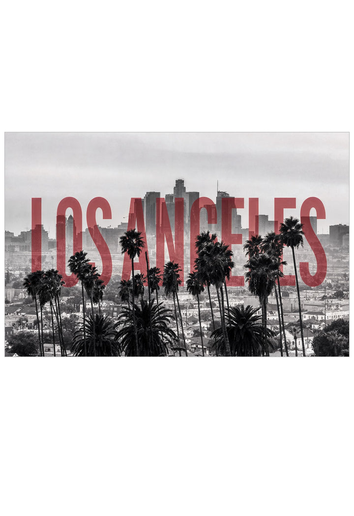 Los Angeles cityscape wall art featuring a black and white skyline with tall palm trees and large red 'LOS ANGELES' text across the center, shown on a white background.