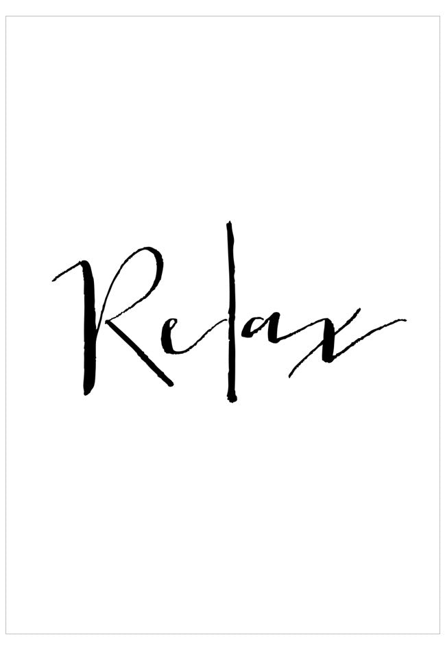 Black cursive text 'Relax' on a white background