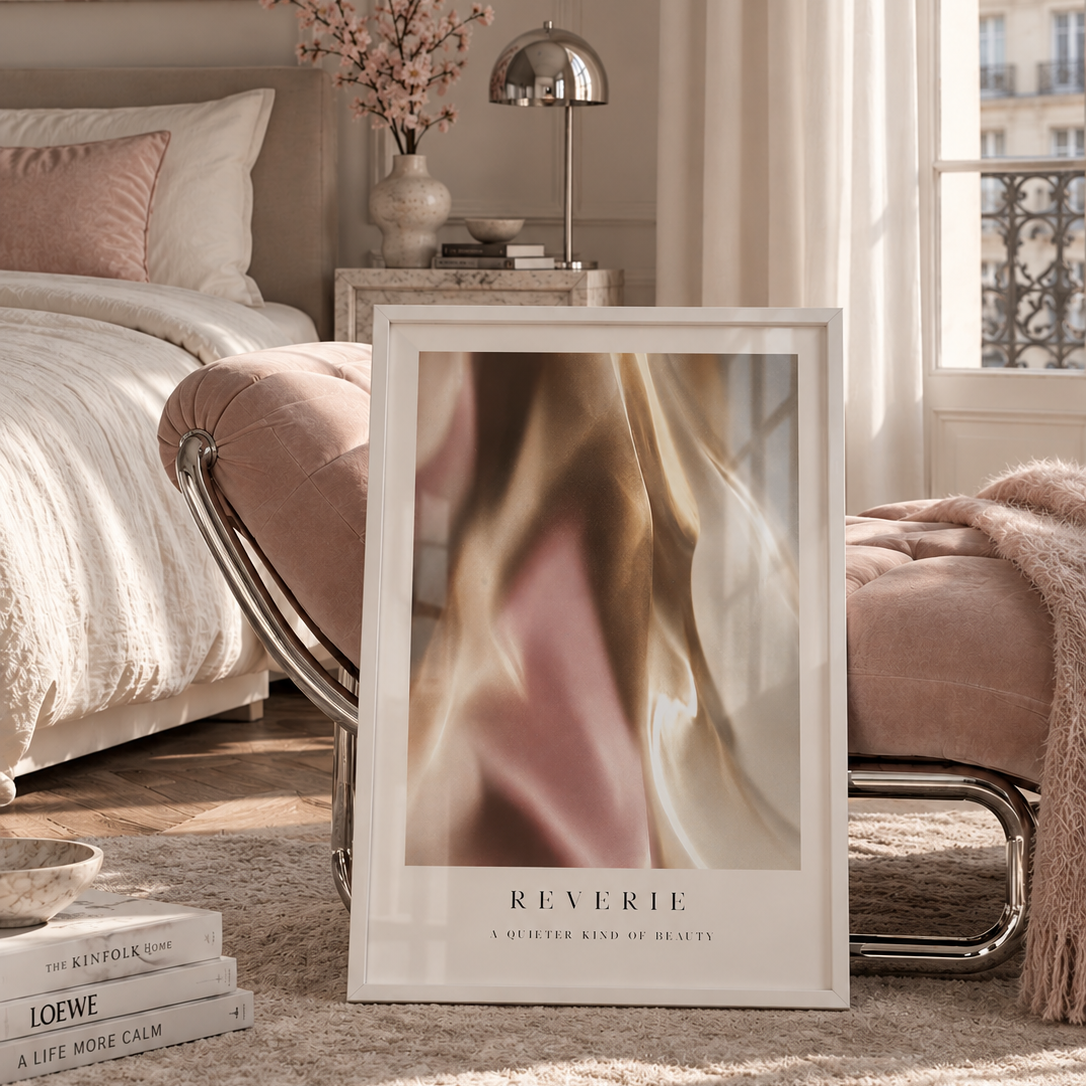 Reverie No.1 Poster featuring a luminous abstract composition in champagne gold, blush pink and warm ivory with elegant Reverie typography.