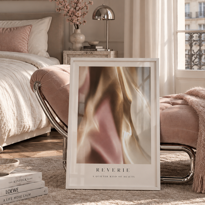 Reverie No.1 Poster featuring a luminous abstract composition in champagne gold, blush pink and warm ivory with elegant Reverie typography.