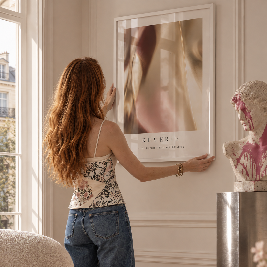 Reverie No.2 Poster featuring a softly blurred abstract in champagne gold, blush pink and cream with an ivory border and elegant Reverie typography.