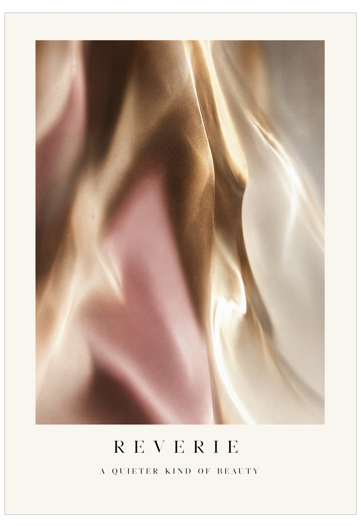 Reverie No.1 Poster featuring a luminous abstract composition in champagne gold, blush pink and warm ivory with elegant Reverie typography.