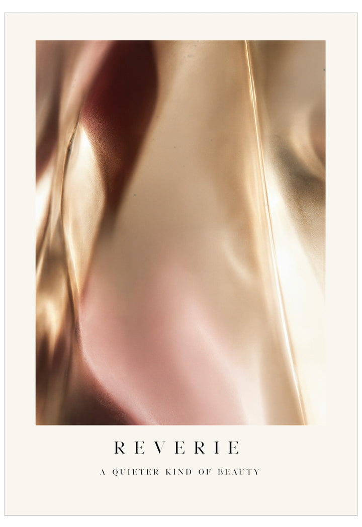 Reverie No.2 Poster featuring a softly blurred abstract in champagne gold, blush pink and cream with an ivory border and elegant Reverie typography.