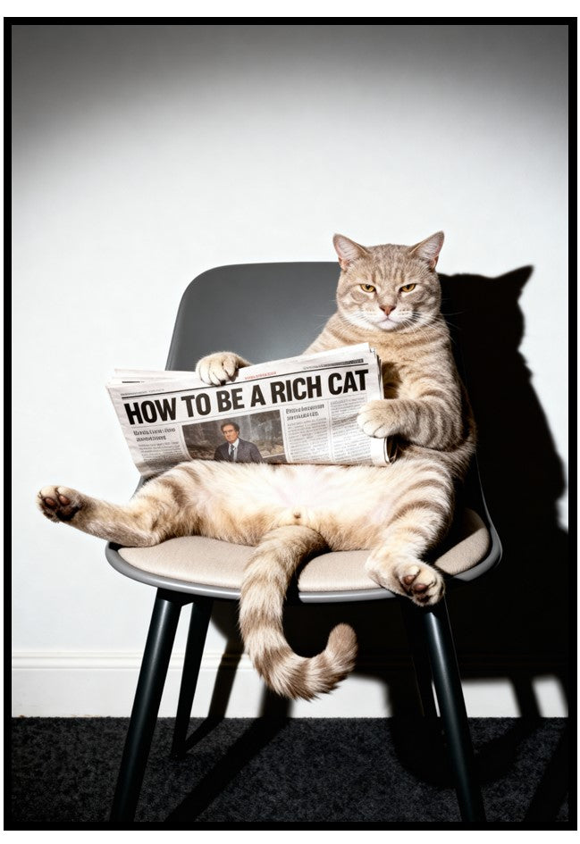 Cat sitting on a chair reading a newspaper titled 'How to Be a Rich Cat'.