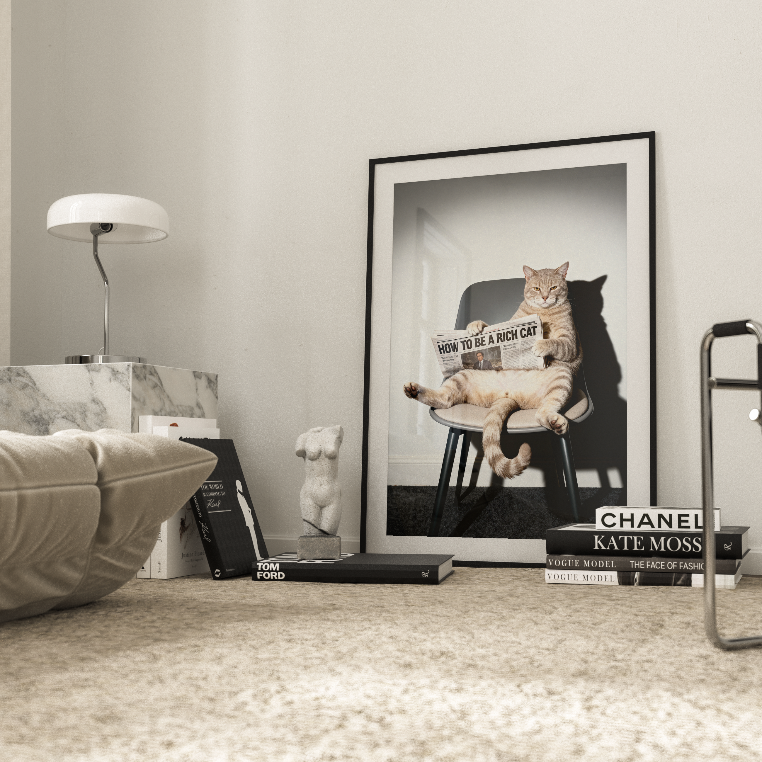 Framed artwork of a cat on a chair in a modern living room.