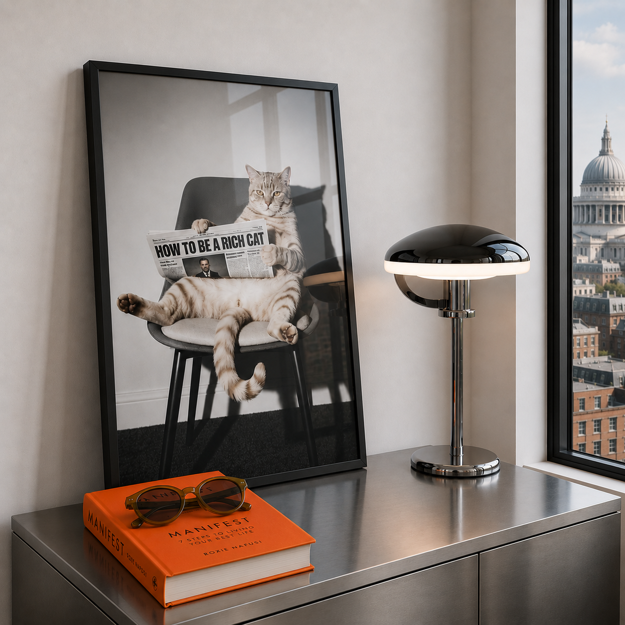 Framed picture of a cat reading a newspaper on a chair, with an orange book and sunglasses on a surface.