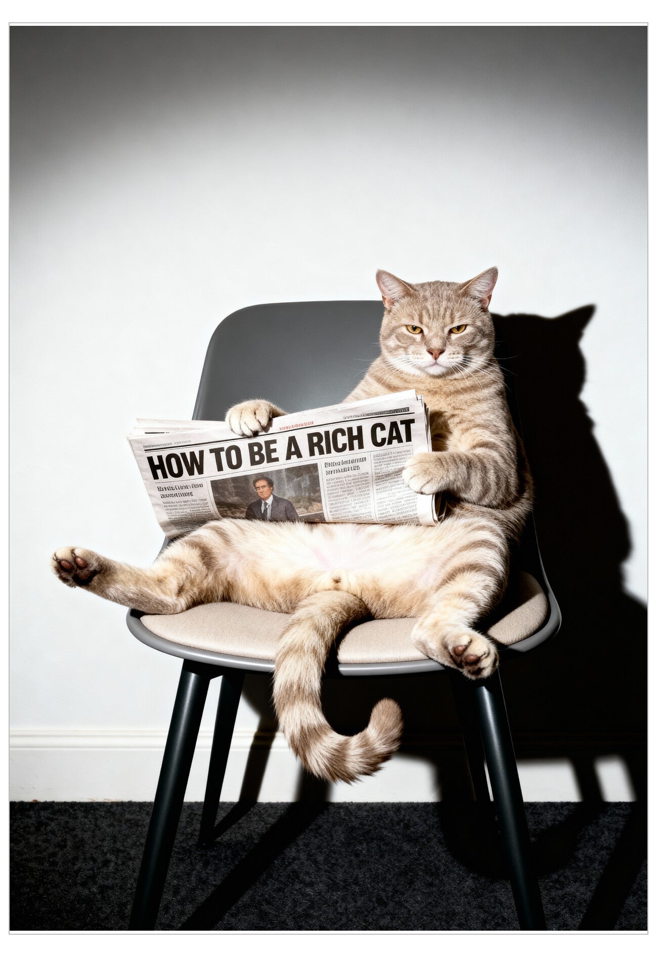 Cat sitting on a chair reading a newspaper titled 'How to be a Rich Cat'.