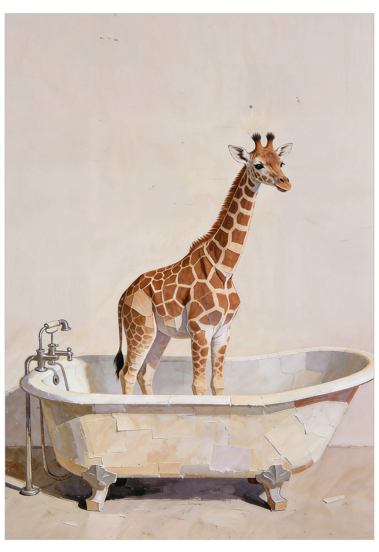 Giraffe standing in a bathtub with a neutral background