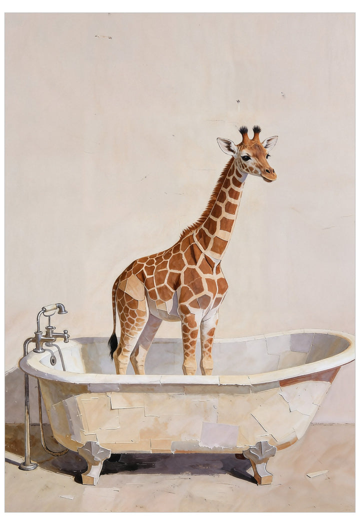 Giraffe standing in a bathtub with a neutral background