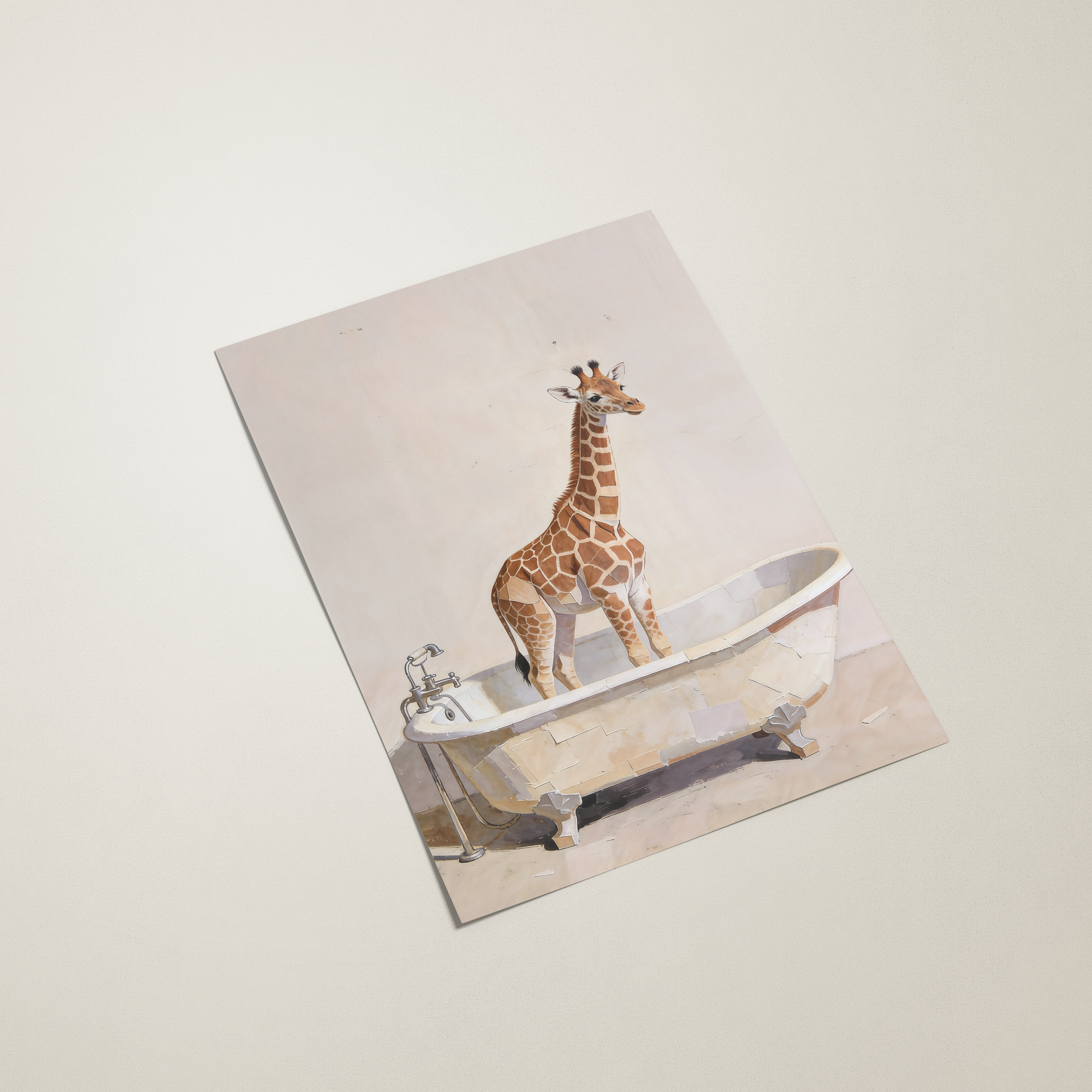 Giraffe taking a bath on a bathtub with a mirror above it on a light beige background