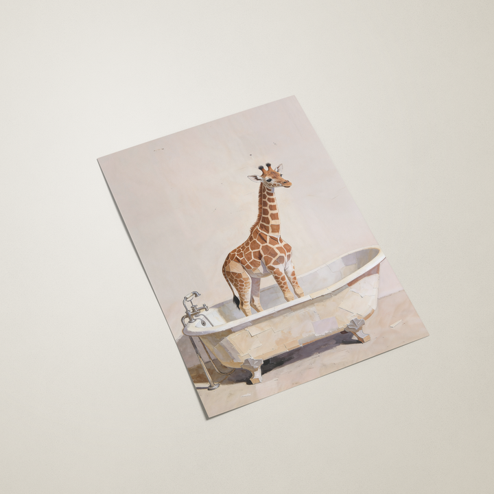 Giraffe taking a bath on a bathtub with a mirror above it on a light beige background