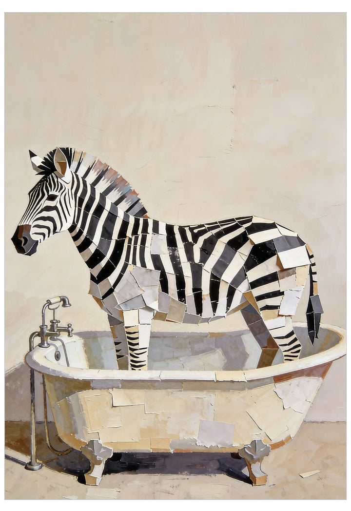 Zebra taking a bath in a bathtub with a mosaic art style