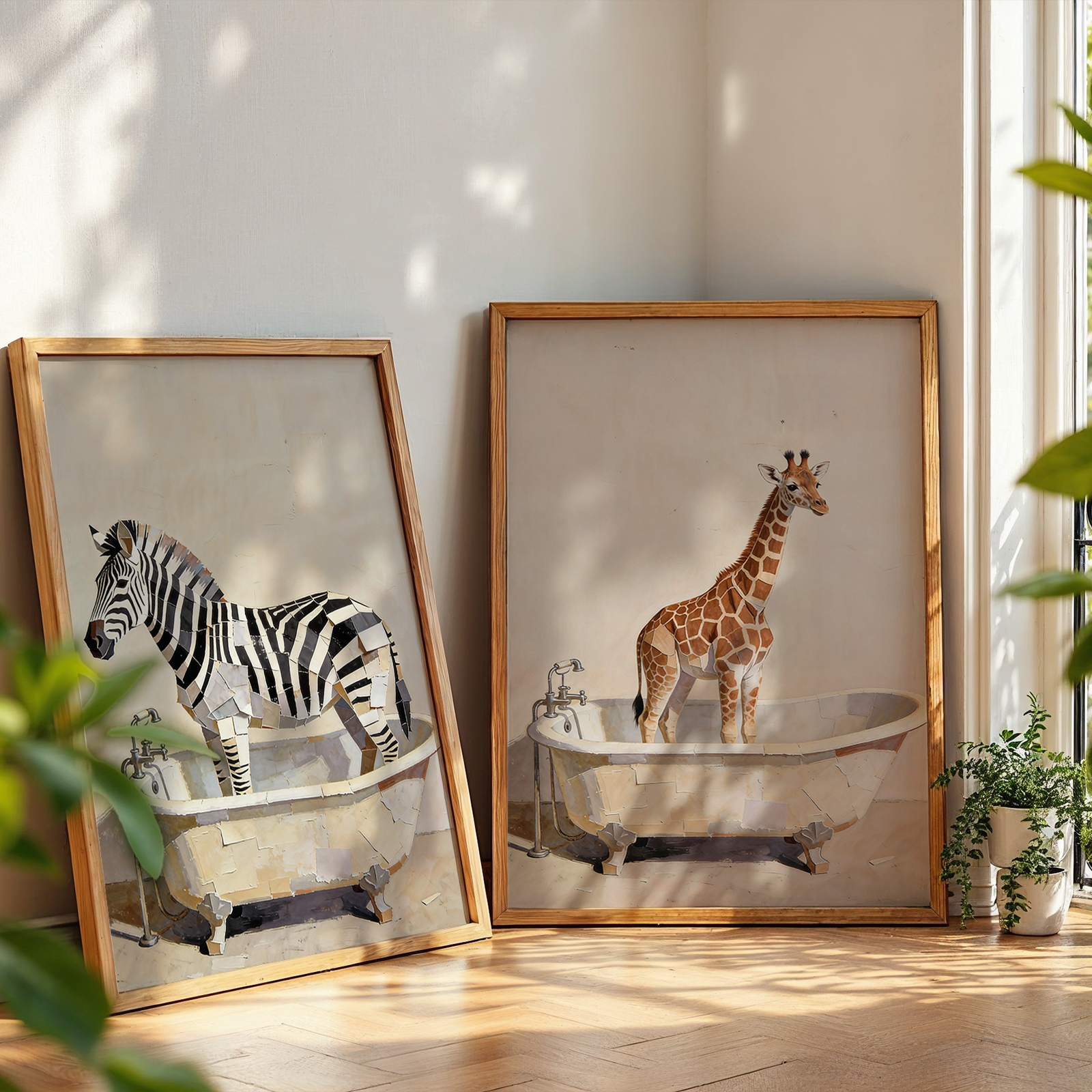 Two framed prints of a zebra and a giraffe in a bathtub on a wooden floor with plants around.