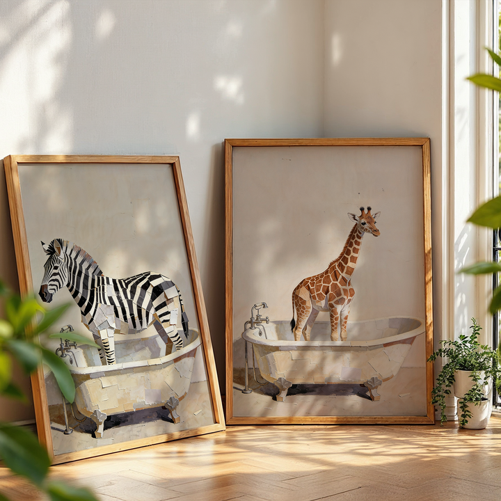 Two framed prints of a zebra and a giraffe in a bathtub on a wooden floor with plants around.