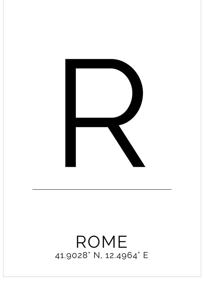 Letter 'R' with coordinates for Rome on a white background