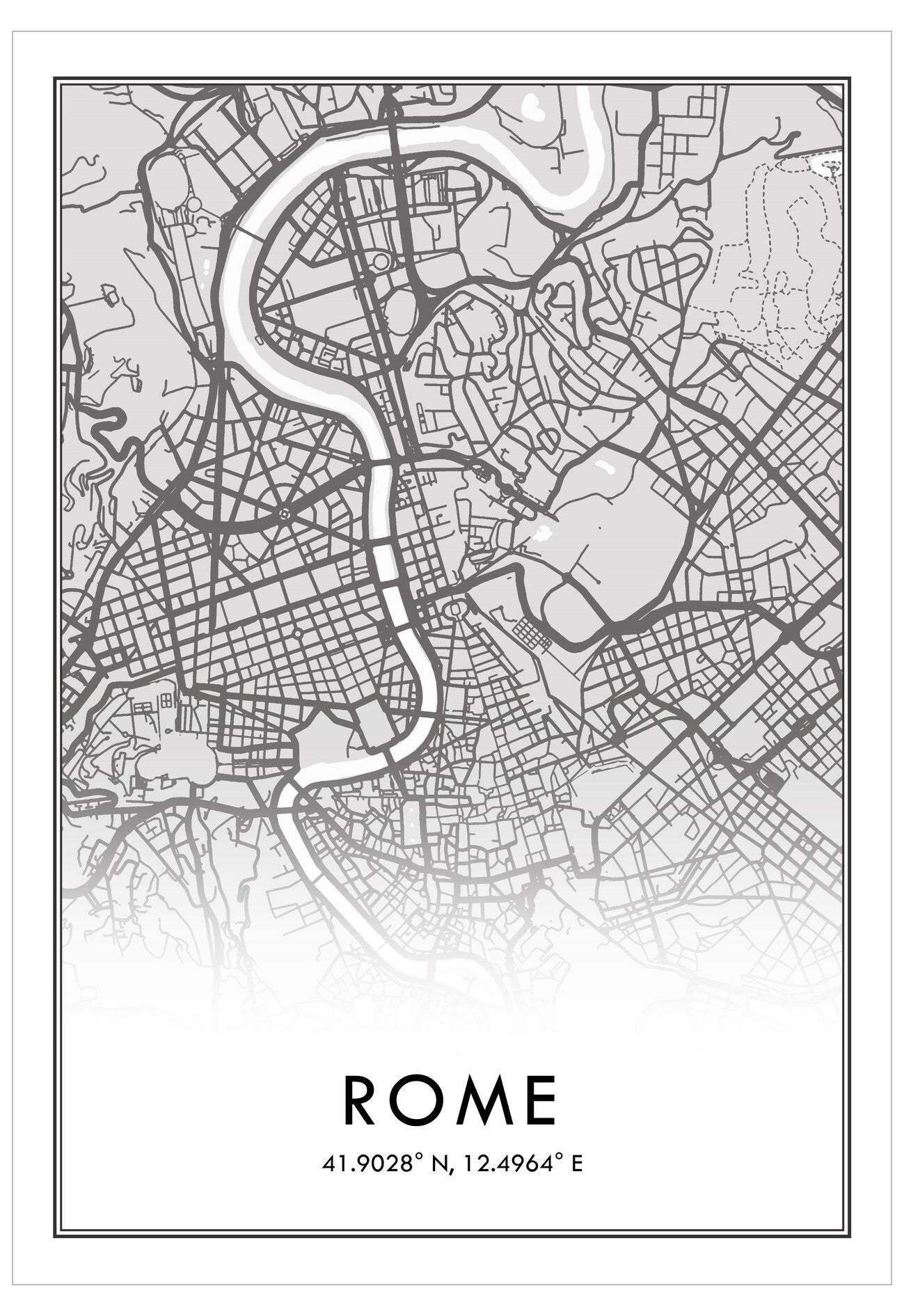 Black and white map of Rome with coordinates