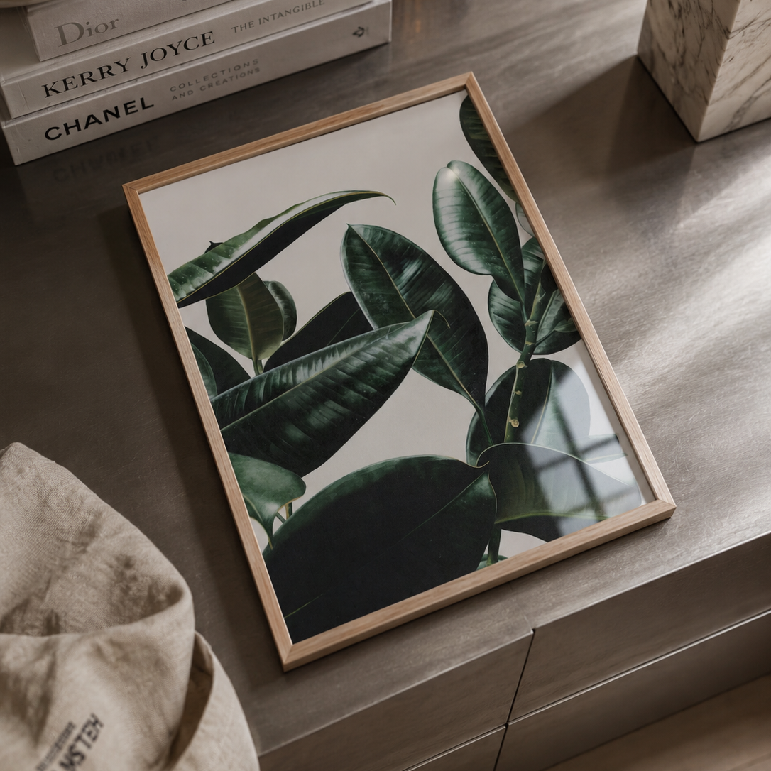 A framed botanical art print featuring dark green tropical leaves on a light background, styled on a gray wooden surface with books, a candle, and a marble block nearby.