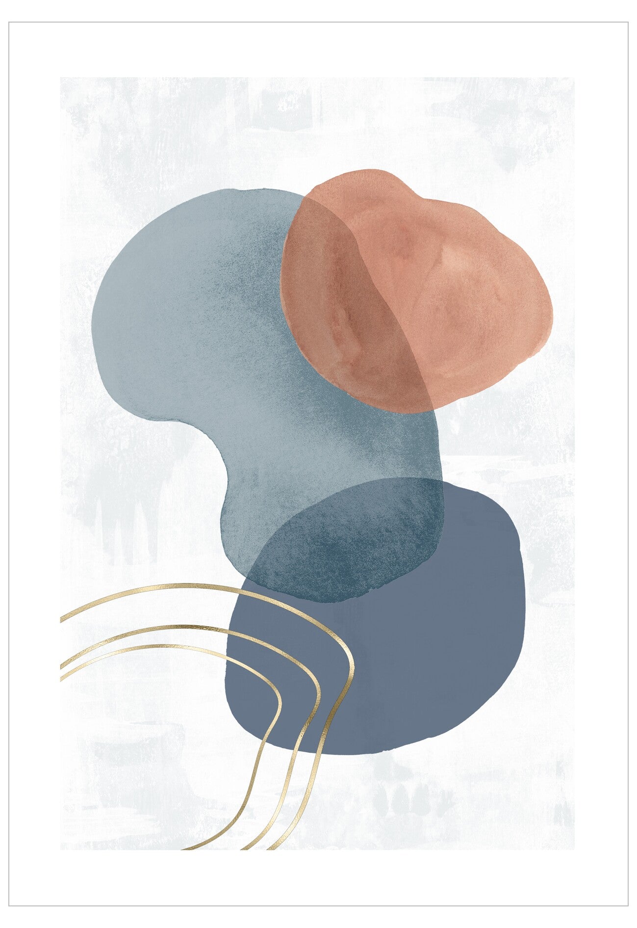 Abstract art print with blue, brown, and gold shapes on a light gray background