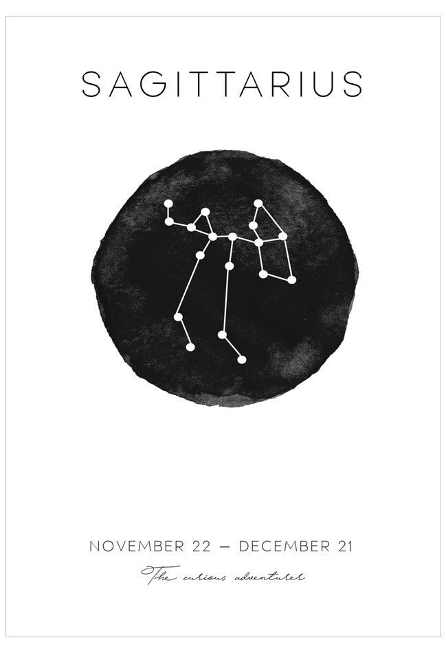 Sagittarius zodiac sign constellation on a black circle with text about the dates and characteristics.