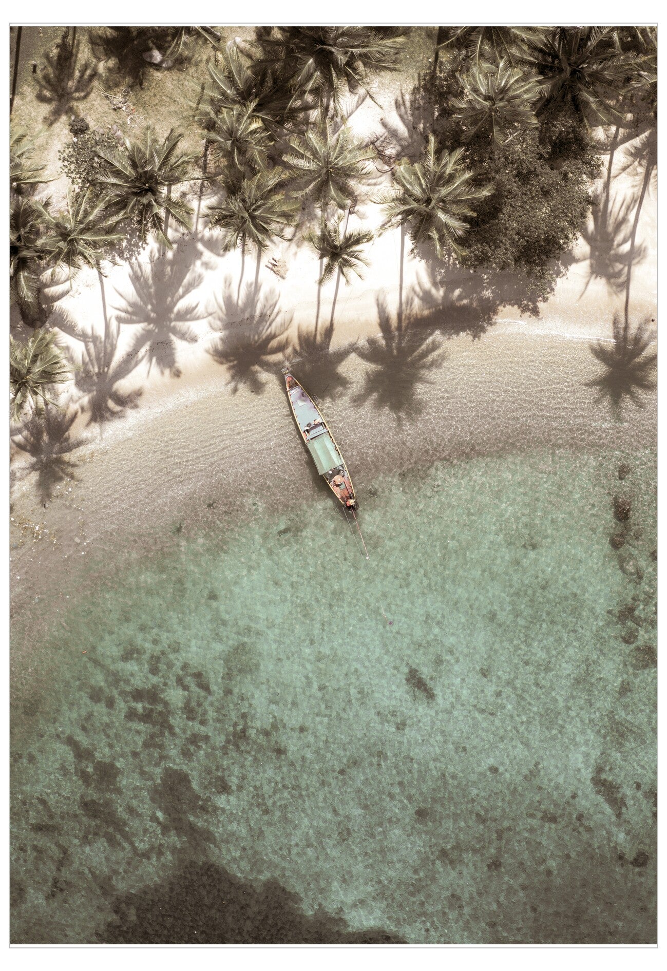 Boat on a clear lagoon with palm trees casting shadows