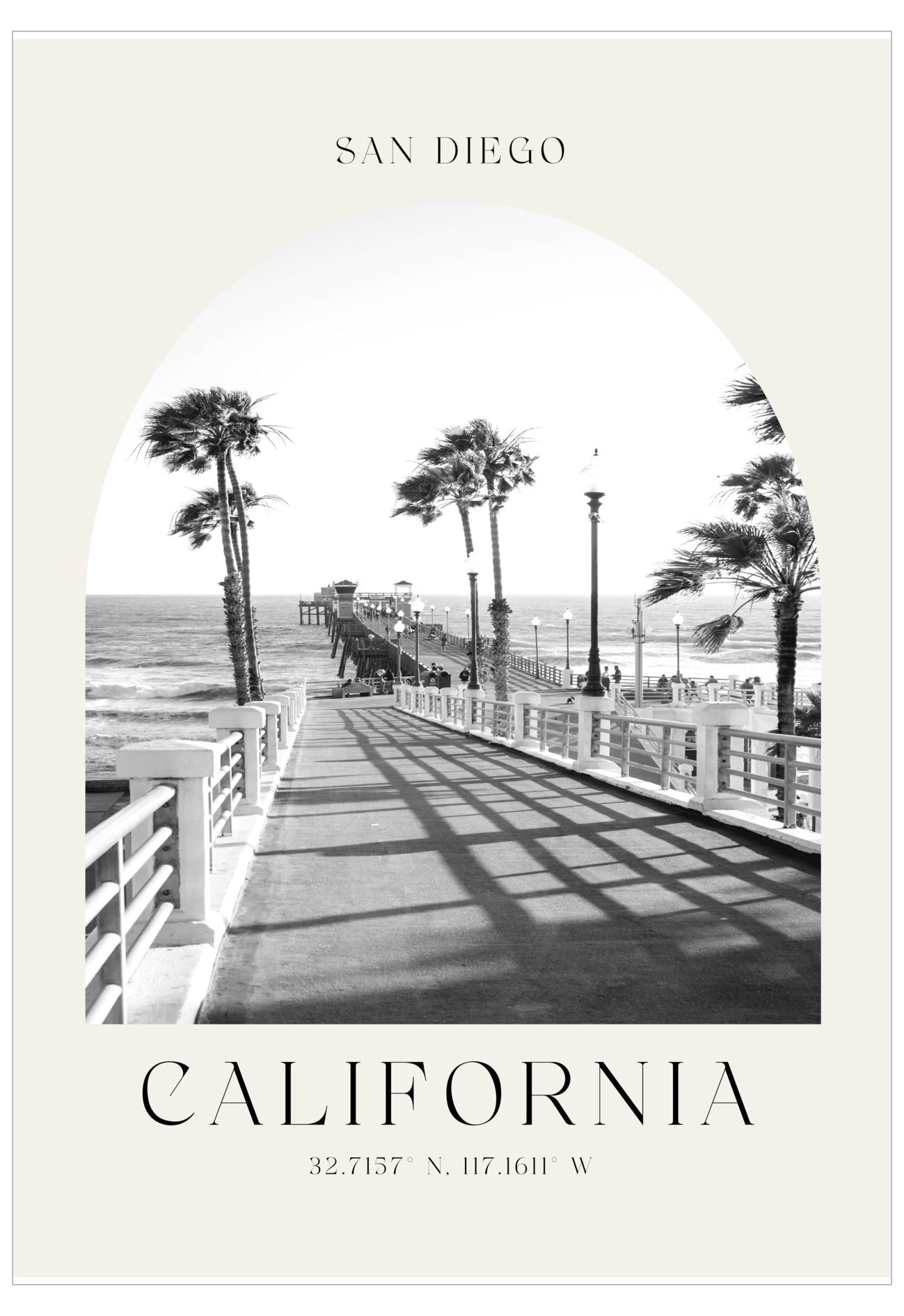 Black and white image of a beach boardwalk with palm trees and ocean view, featuring text 'San Diego California' on a beige background.