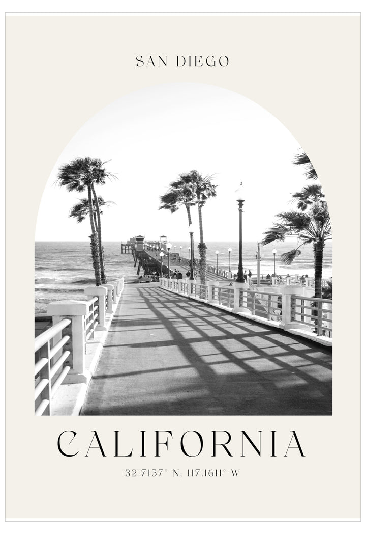 Black and white image of a beach boardwalk with palm trees and ocean view, featuring text 'San Diego California' on a beige background.