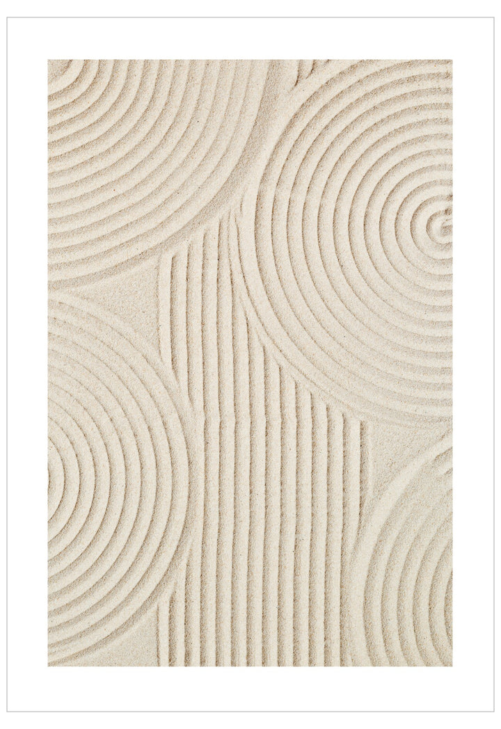 Textured beige rug with circular patterns on a white background