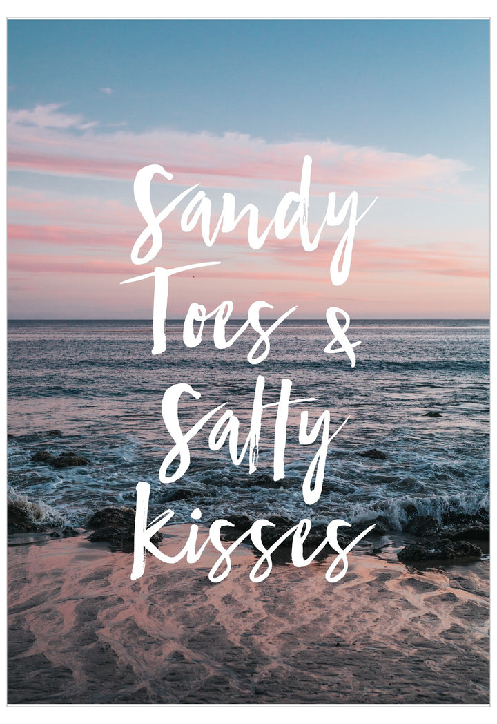 Beach scene with 'Sandy Toes & Salty Kisses' text overlay