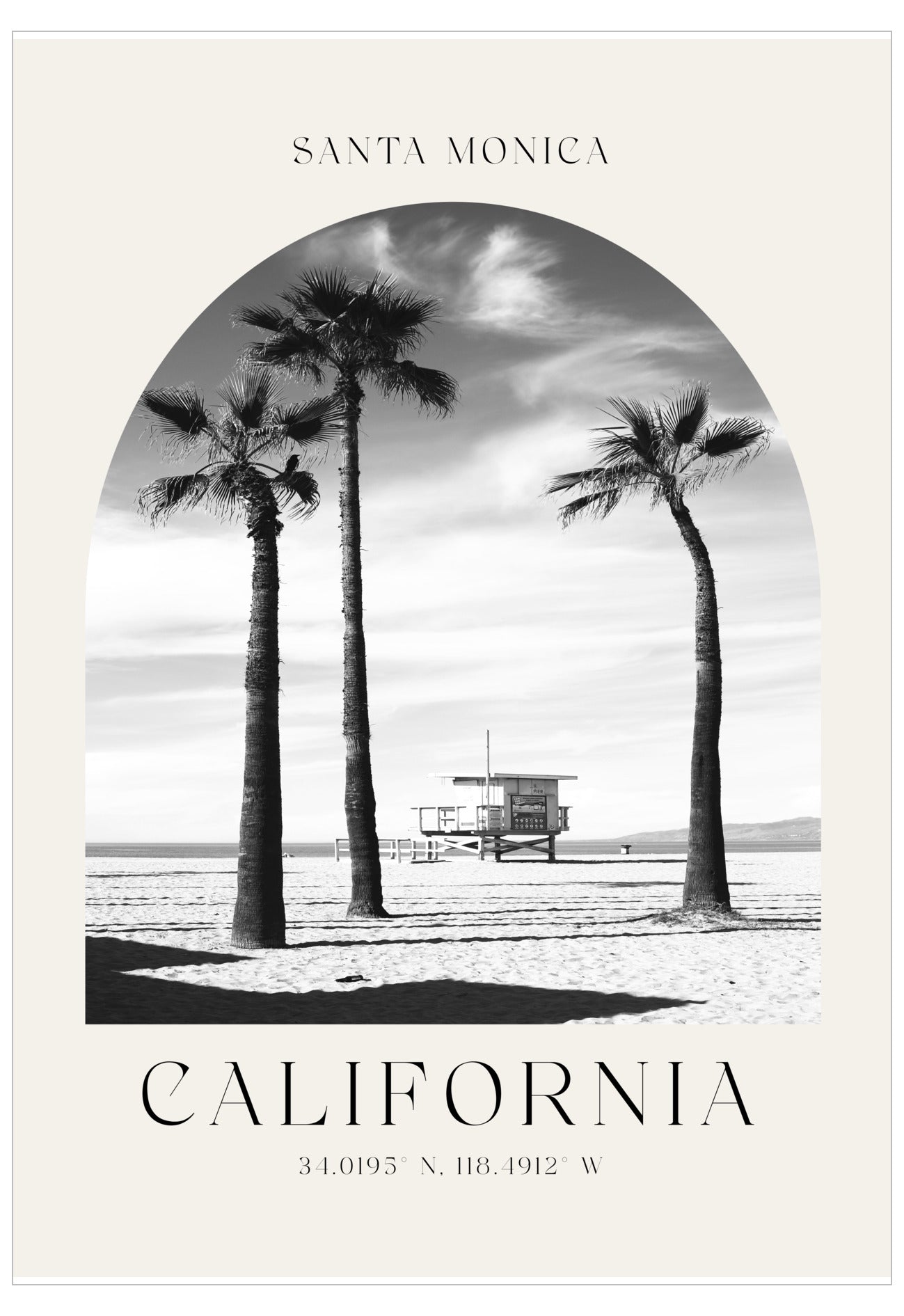Black and white beach scene with palm trees and a lifeguard tower, featuring the text 'Santa Monica, California'.