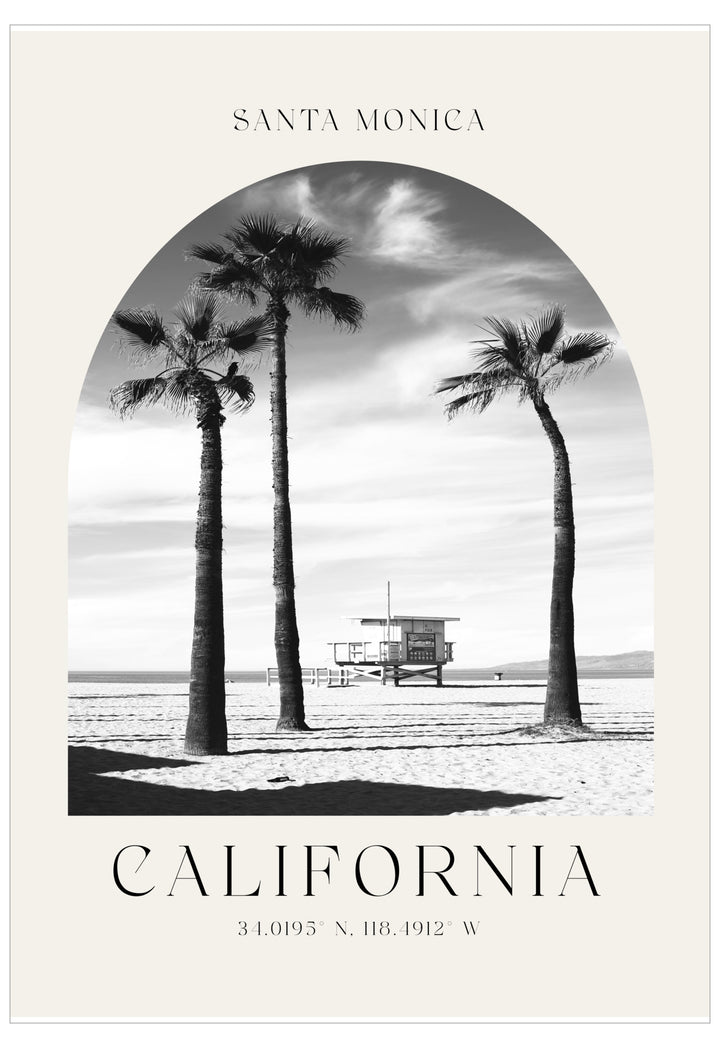 Black and white beach scene with palm trees and a lifeguard tower, featuring the text 'Santa Monica, California'.