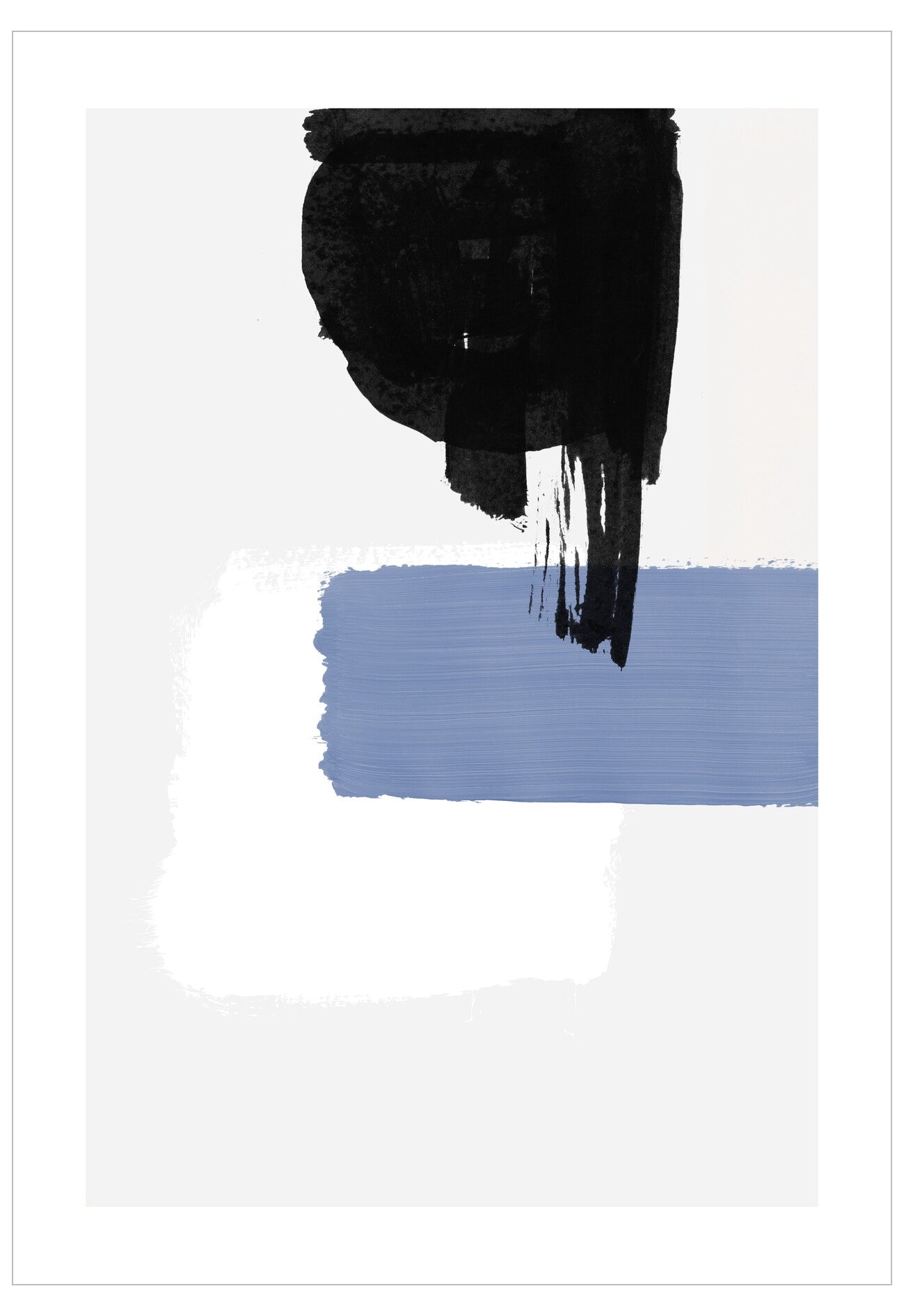 Abstract art piece with black and blue brush strokes on a white background