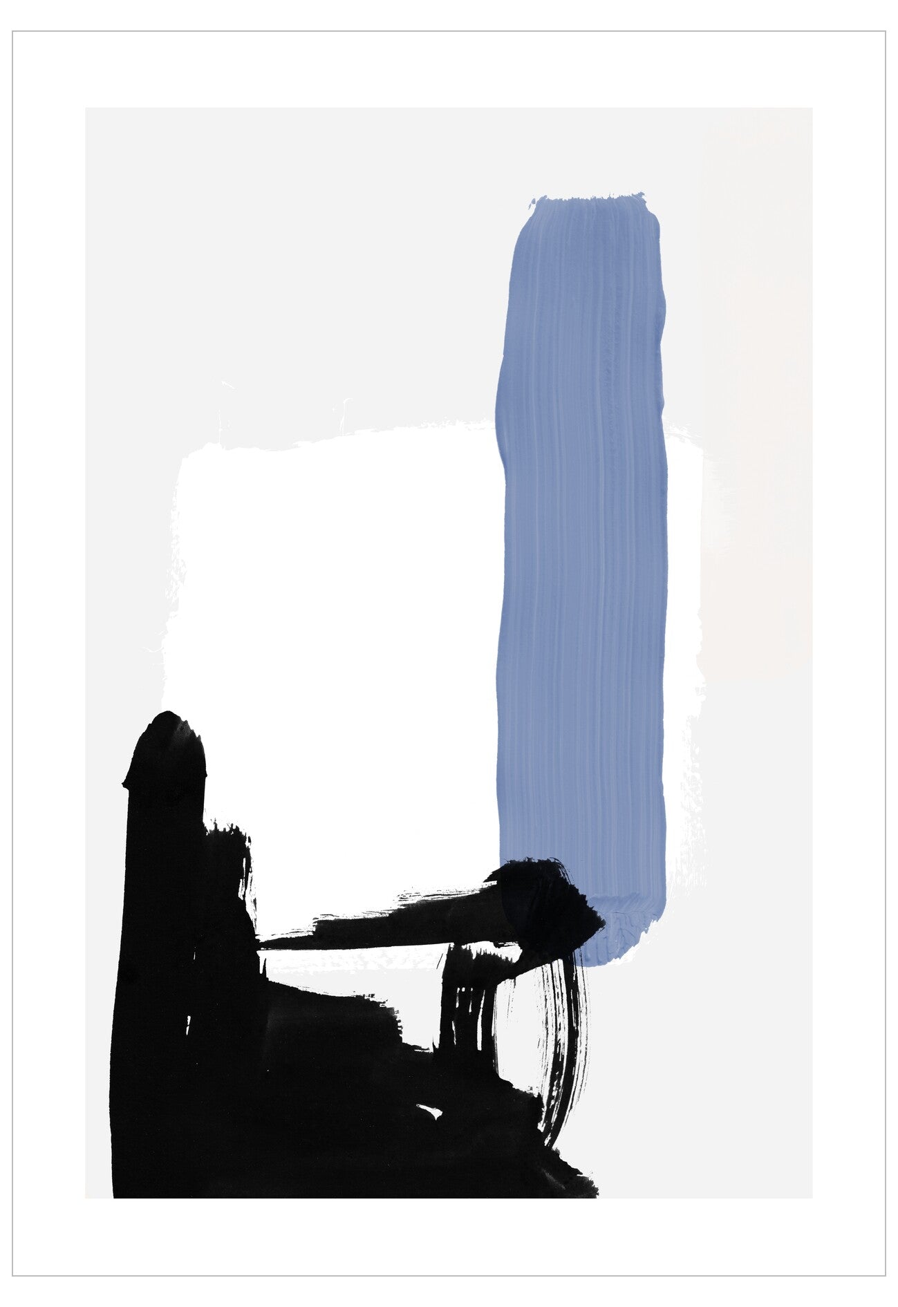 Abstract art with a blue brushstroke and black silhouette on a white background