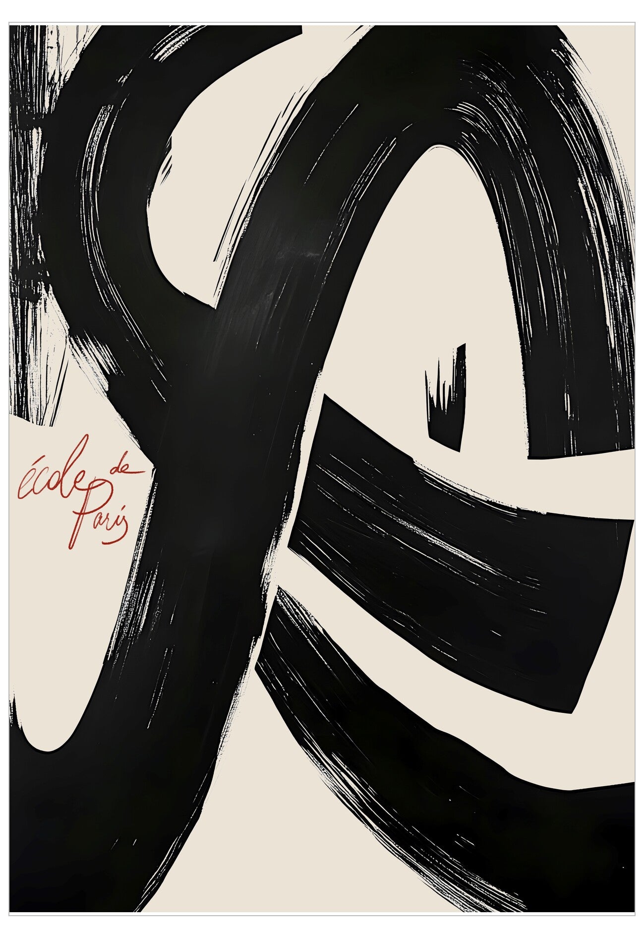Abstract art piece with black and white brush strokes on a beige background, featuring the brand 'Édèle de Paris'.