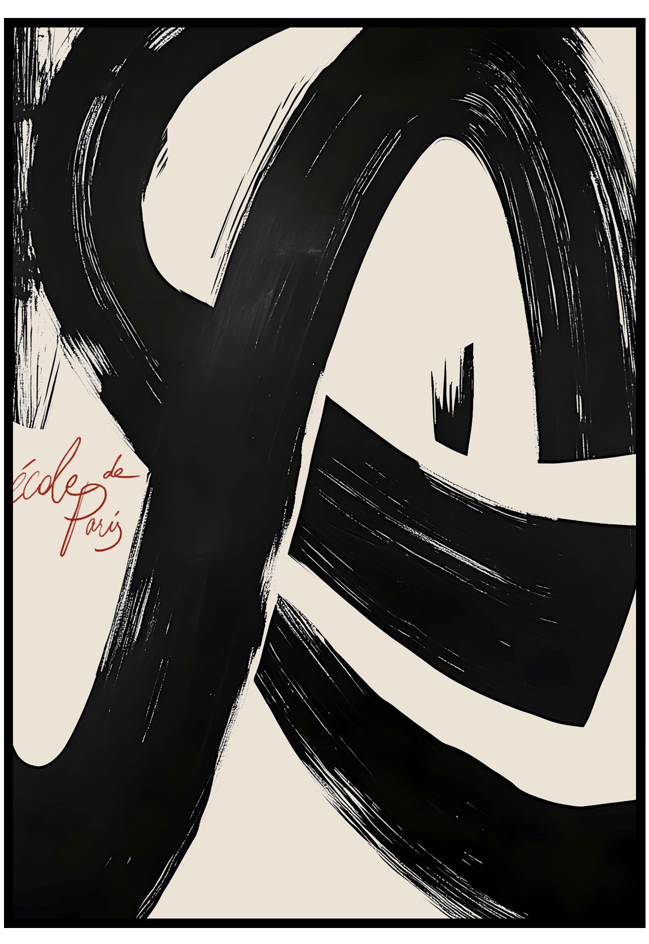 Abstract black and white artwork with a signature in the corner