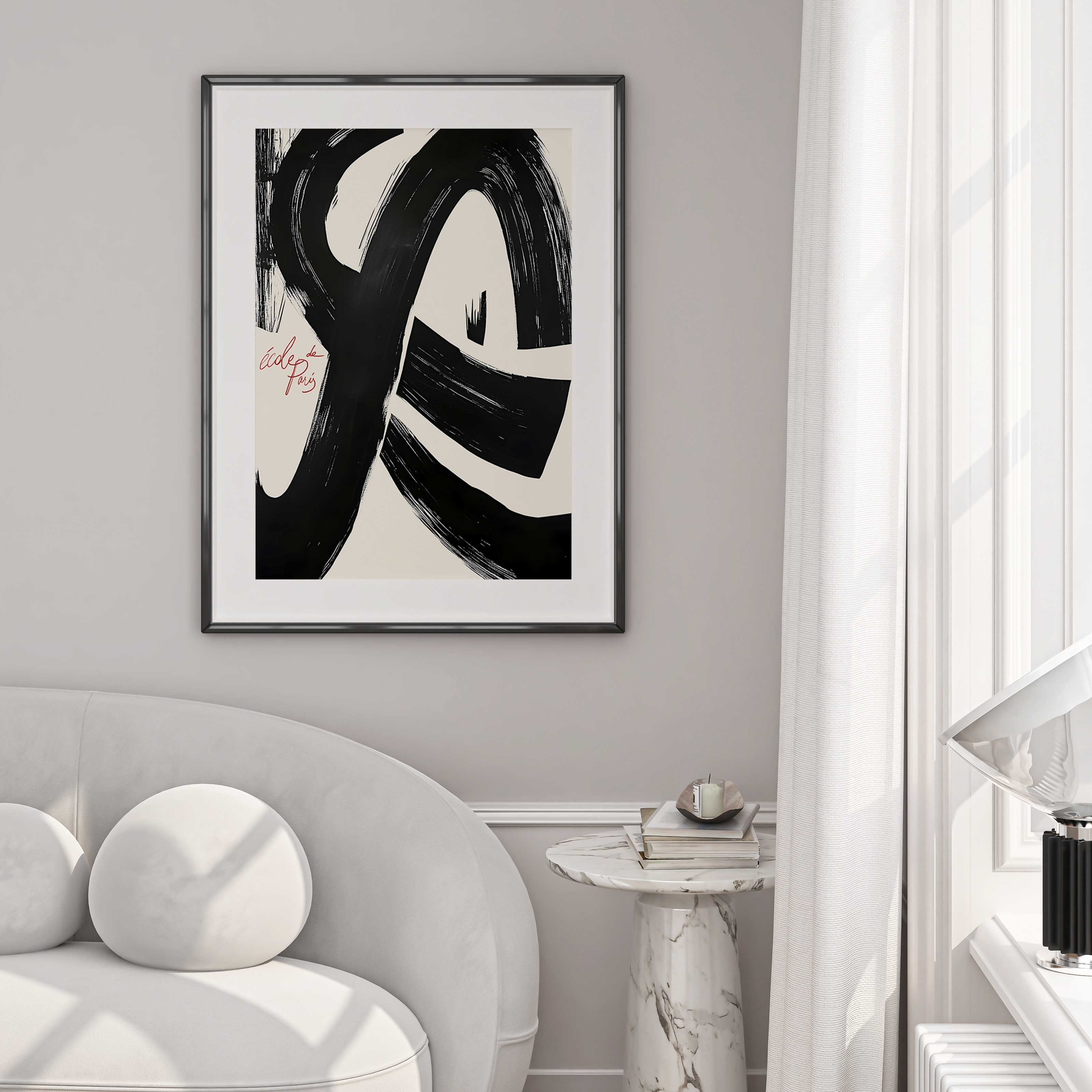 Modern interior with abstract art on a gray wall, white sofa, and marble side table.