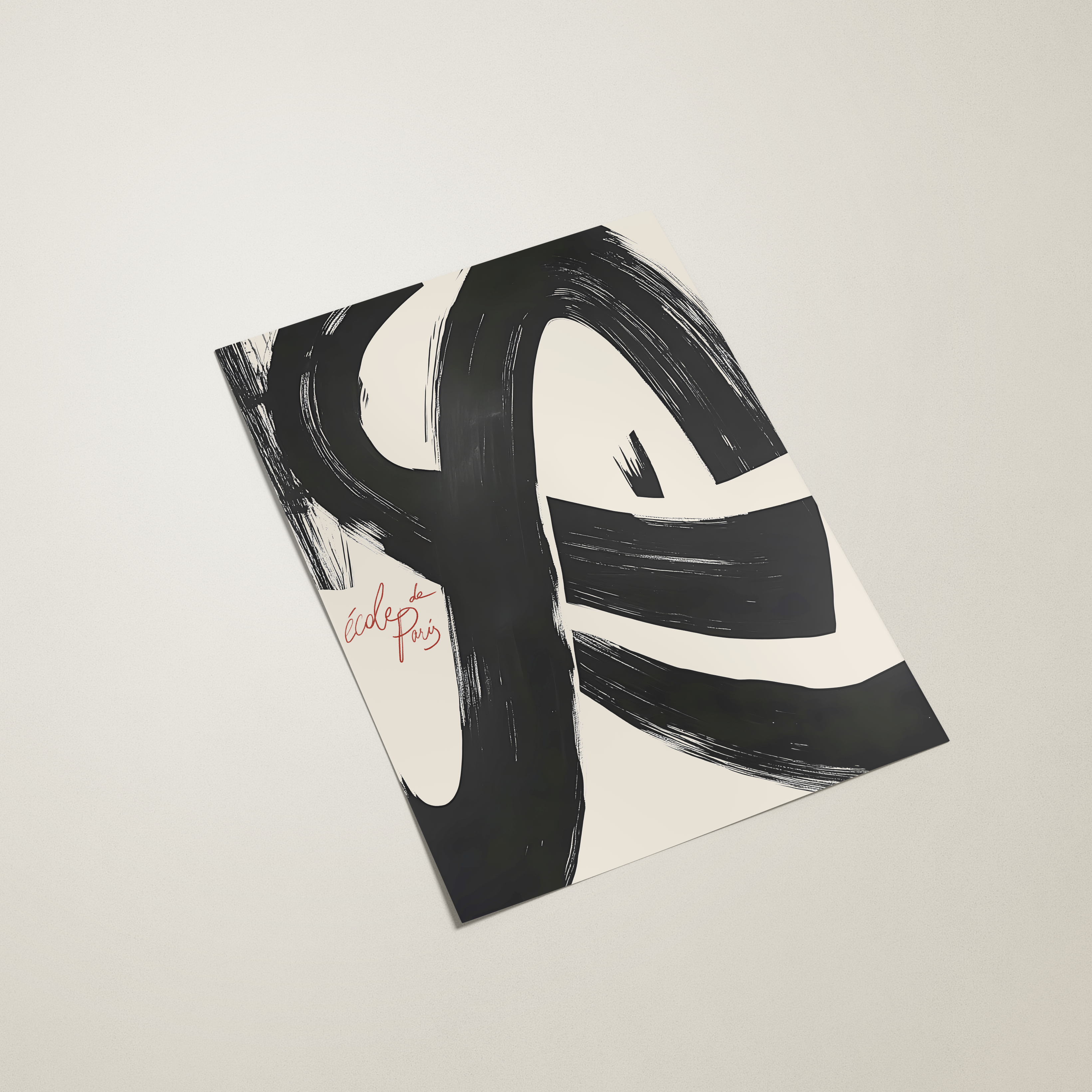 Black and white abstract art piece on a beige background