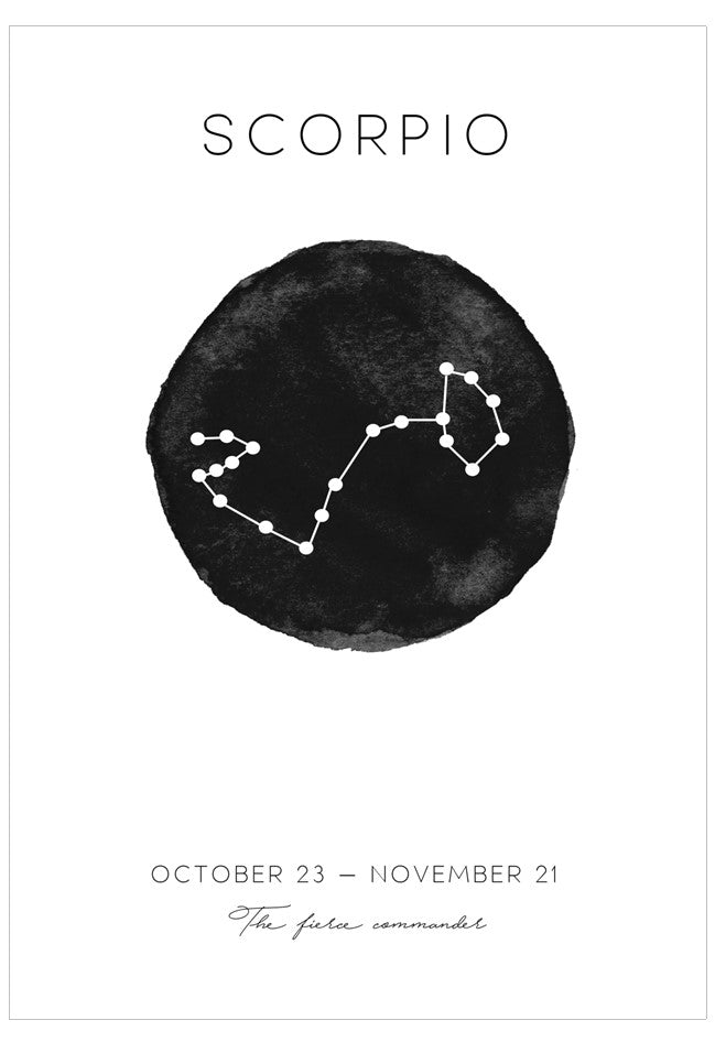 Zodiac sign poster for Scorpio with constellation and dates on a black watercolor circle.