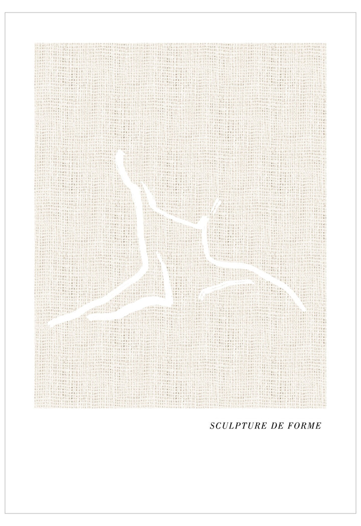 Abstract white sculpture on a textured beige background with 'Sculpture de Forme' text.